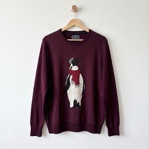 Club Room Mens Merino Wool Blend Penguin Sweater Burgundy Red Large Intarsia
